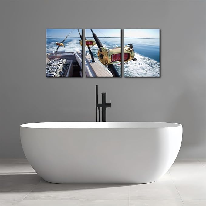 Pacimo 3 Pieces Canvas Wall Art Fishing Reels and Rods Pictures Prints Wall Decor for Living Room Angling Gallery-Wrapped Modern Artwork White Sea Wave Paintings Bedroom House Decor Framed - 12"x16"x3