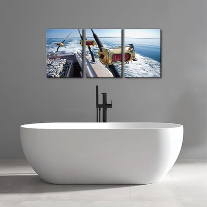 Pacimo 3 Pieces Canvas Wall Art Fishing Reels and Rods Pictures Prints Wall Decor for Living Room Angling Gallery-Wrapped Modern Artwork White Sea Wave Paintings Bedroom House Decor Framed - 12"x16"x3