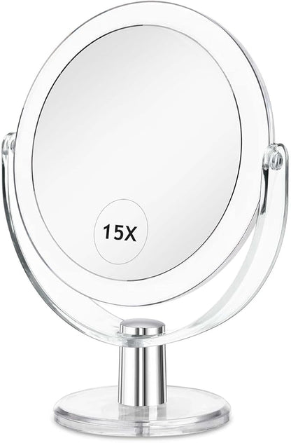 CLSEVXY Vanity Makeup Mirror with Stand, 1X/15X Magnification Double Sided 360 Degree Swivel, Portable Table Desk Counter top Magnifying Mirror, Tabletop Mirror for Bedroom or Dorm Room, 6.25 Inch