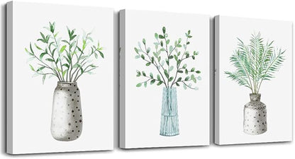 AHUASJART Canvas Wall Art Paintings For Kitchen Dining Room Large Size Wall Decor For Living Room Bedroom Wall Decoration Office Decor Green Leaf Vase Wall Pictures Artwork For Home Walls 3 Piece