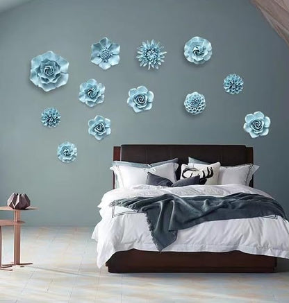 AMERRY 3D Wall Art - Artificial Porcelain Flower Decor for Home & Office (Blue Camellia, 2.76")