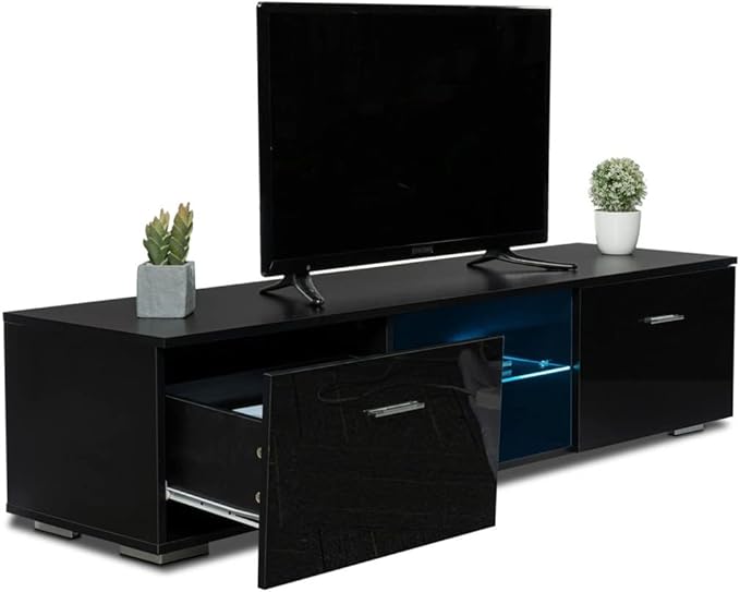 LED TV Tables for Living Room 57 Inch TV Cabinet Stands Modern Furniture TV Unit Bracket with 2 Drawers and Glass Shelves (Color : Black) (Black)