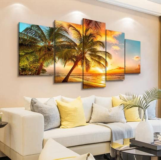 Golden Seascape Ocean Beach Wall Art Cozy Sea Artwork Modern Ocean Sunset Sea Beach Canvas Prints Pictures Paintings on Canvas Wall Art for Home Decor 5 Panels Gallery Wrapped Tropical Scenery Seascape Artwork (F-5pcs,80"W x 40"H)