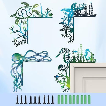 2025 4PCS Sea Turtle Door Frame Decoration, Ocean Door Frame Decoration Set Metal Turtle Octopus Starfish for Window, Shelf, Table, and Corner Sign Home Décor Accent