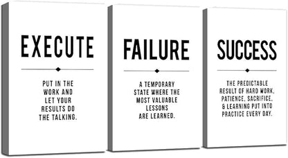 Framed Canvas Wall Art Success Quote, Office Wall Art, Black Large Poster, Positive Motivational Set of 3 Prints, Execute Failure Success Poster, Inspirational Print (D-3pcs,16x24inchx3pcs)