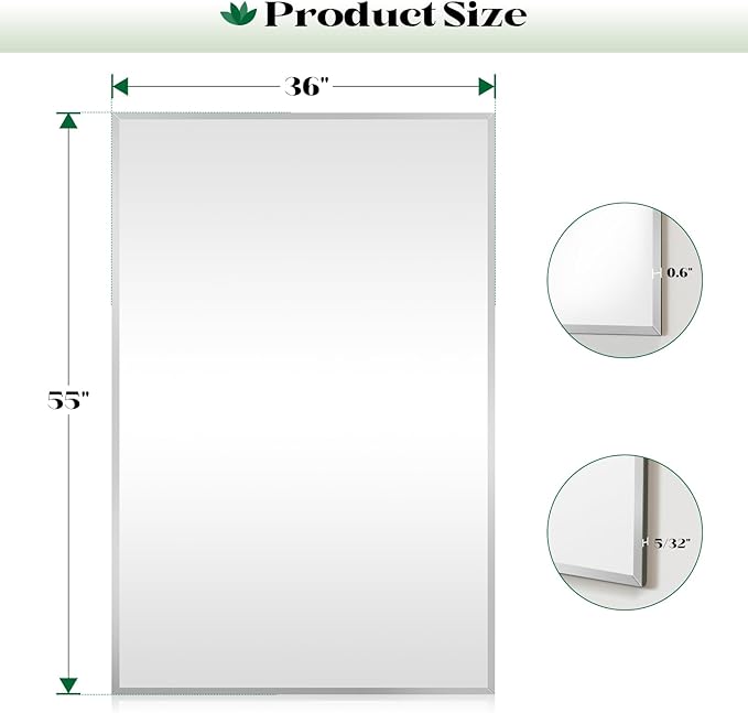 Frameless Beveled Large Bathroom Wall Mirror, 55"x36" Bathroom Wall Mirror for Over Sink, Large Vantiy Mirrors for Living Room, Entryway, Bedroom, Hangs Horizontally or Vertically