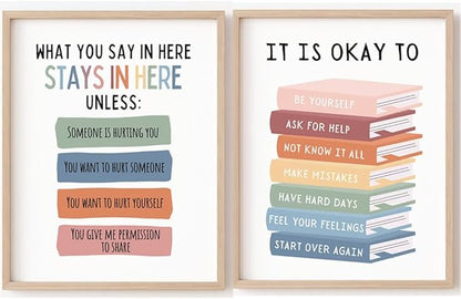2 Therapy Office & Classroom Wall Decor – What You Say Here Stays Here / It’s Okay to Feel Posters – Emotional Learning Decor for School Counselor, Mental Health Room, Home – Unframed Canvas 11"x14"