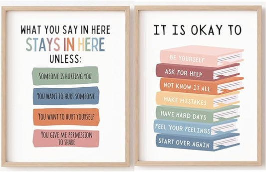 2 Therapy Office & Classroom Wall Decor – What You Say Here Stays Here / It’s Okay to Feel Posters – Emotional Learning Decor for School Counselor, Mental Health Room, Home – Unframed Canvas 11"x14"