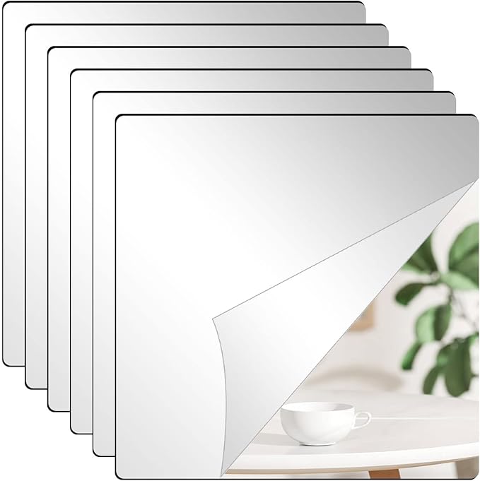 6Pcs Acrylic Mirror Tiles, 8'' x 8'' x 0.07'' Mirror Sheets for Walls Decor, Self-Adhesive Mirror Stickers, Square Mirror Trays Plates for Tables Centerpieces Wedding