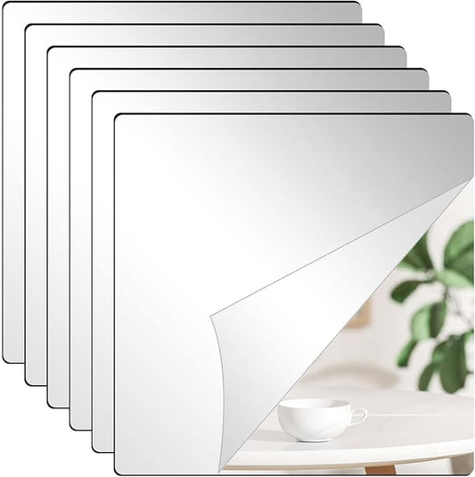 6Pcs Acrylic Mirror Tiles, 8'' x 8'' x 0.07'' Mirror Sheets for Walls Decor, Self-Adhesive Mirror Stickers, Square Mirror Trays Plates for Tables Centerpieces Wedding