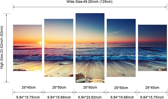 Pyradecor Ocean Seascape Canvas Prints Wall Art Sea Beach Pictures Paintings for Living Room Bedroom Home Decorations 5 Piece Modern Stretched Ready to Hang Landscape Artwork