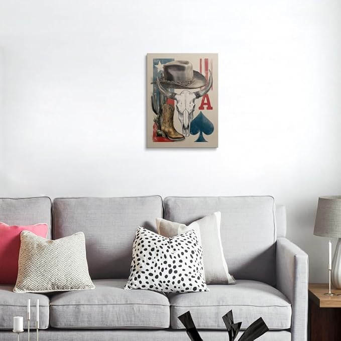Vintage Western Canvas Wall Art Framed Rustic Cowboy Artwork Print Poster with Texas Flag Steer Skull Cowboy Hat Boots Desert Cactus Wall Decor for Farmhouse Home Office 16x24 Inches