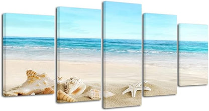 Pyradecor Seashell 5 panels Seascape Canvas Prints Landscape Pictures Paintings Modern Stretched Canvas Wall Art Sea Beach Pictures Artwork for Home Decor