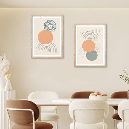 Framed Boho Wall Art Set of 2 Mid Century Modern Wall Decor, Bohemian Sun Geometric Painting, Abstract Canvas Art Print for Living Room Bedroom Dining Room Office Bathroom 12"x16"x2 Panels