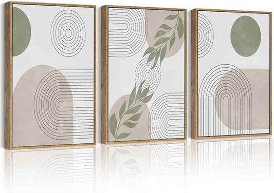 Drsoum Green Botanical Boho Wall Art Framed Modern Bohemian Sage Wall Decor Abstract Geometry Lines Prints Ready to Hang 11x14in Natural Framed