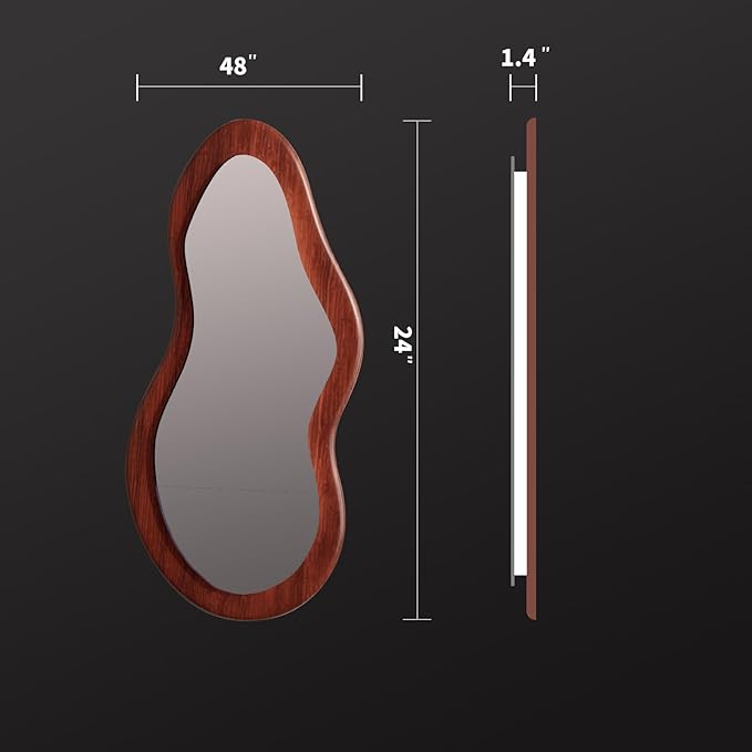 48"x 24" LED Wood Full Length Mirror with Lights Irregular Wavy Full Body Mirror Shatter-Proof Hanging/Leaning Wall Mounted Walnut Wooden Framed for Dressing Bedroom Living Room