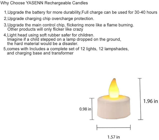 YASENN Rechargeable Candles Warm White led TeaLights Candles 12pcs Flame Effect Program Flickering Plastic Flameless Candles for Bar Dinner Decorations
