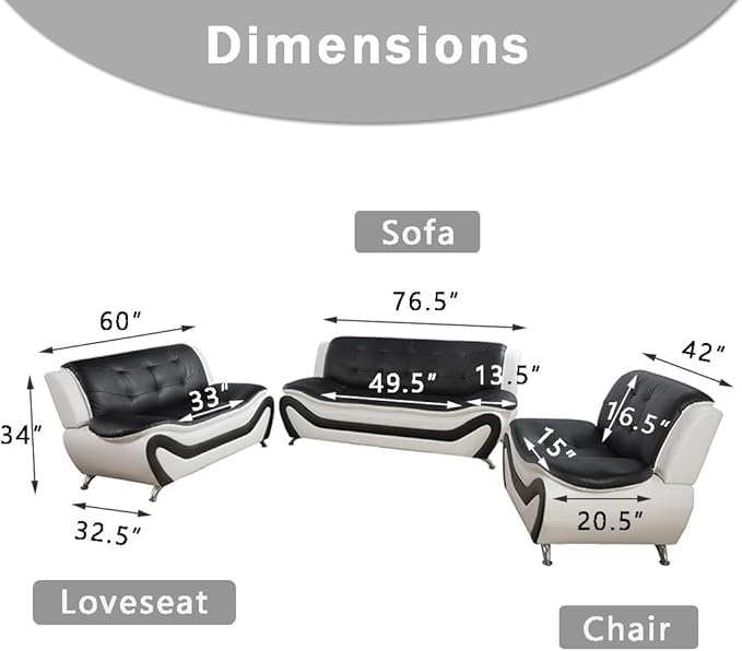 Leather Couches, Living Room Couch Set, Sofa for Bedroom, Apartment, Living Room Furniture Sets a-Leather (Black&White, Sofa+Loveseat+Chair)