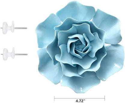 AMERRY 3D Flower Wall Art, Handmade Porcelain Decor for Home Office (Blue, Peony, 4.72")