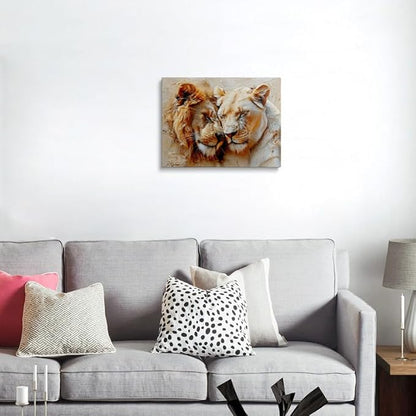 Impasto Lion Couple Canvas Wall Art Framed Oil Painting Lion and Lioness Resting Tenderly in Golden Cream Hues Thick Textured Brushstrokes Wildlife Wall Decor Artwork for Bedroom Living Room 12x16 Inches