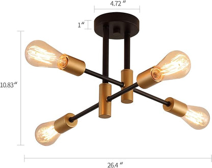MEIXISUE Black and Gold Modern Sputnik Chandelier Ceiling Light Fixtures,4-Lights Mid Century Industrial Metal Semi Flush Mount Ceiling Lights for Bedroom Kitchen Hallway Entryway Office UL Listed