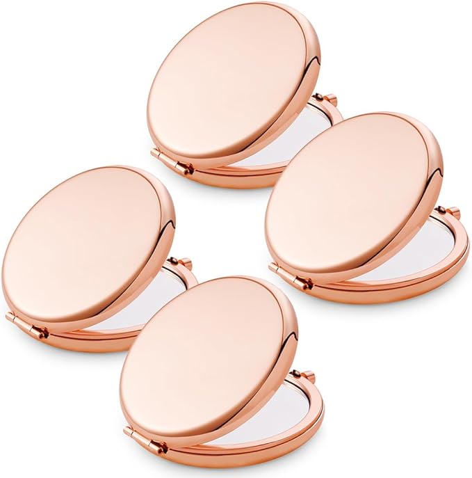 Compact Mirror for Purse, Metal Round Shell, Double-Sided 1X/2X Magnifying, Portable Travel Small Makeup Mirror, Mini Pocket Mirror, Rose Gold, 4 Packs