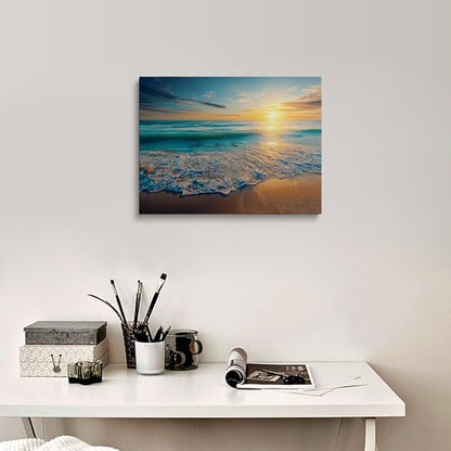 Beach Sunset Wall Art Canvas Framed Painting Golden Sunlight Over Turquoise Ocean Waves Sandy Shore Coastal Wall Decor Artwork for Living Room Bedroom Office 12x16 Inches