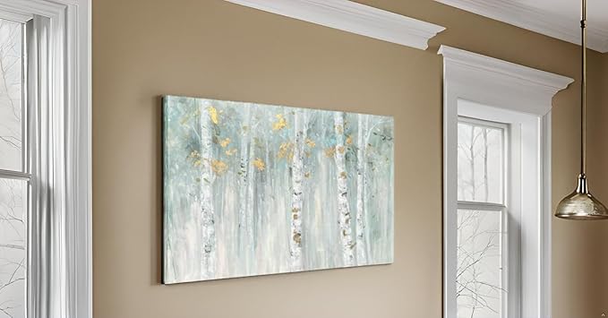 Yihui Arts Birch Tree Canvas Wall Art with Gold Foil - Abstract Forest Paintings with Textured - Green Landscape Pictures for Living Room Bedroom Bathroom Decor