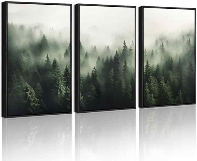 PHOPAGO Green Fog Pine Tree Framed Wall Art Large 16x24in Nature Misty Nordic Forests Artwork Morden Paints for Living Room Home Office Decor - Black Framed