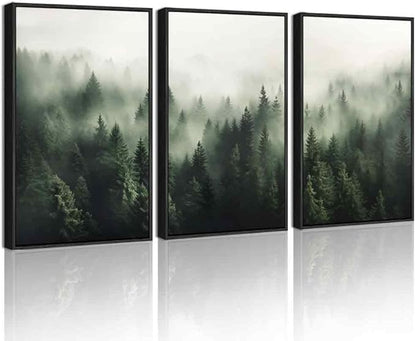 PHOPAGO Green Fog Pine Tree Framed Wall Art Large 16x24in Nature Misty Nordic Forests Artwork Morden Paints for Living Room Home Office Decor - Black Framed