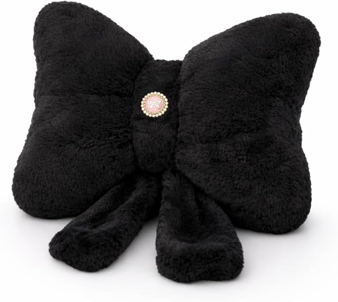 Black Bow Pillow 12x9 Inch, Cute Plush Bow Shaped Decorative Pillow with Back Strap, Coquette Room Decor for Teen Girls Bedroom Chair Couch Car