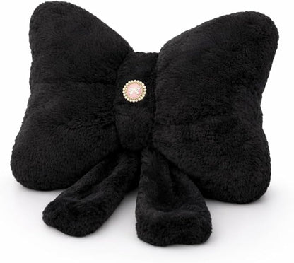 Black Bow Pillow 12x9 Inch, Cute Plush Bow Shaped Decorative Pillow with Back Strap, Coquette Room Decor for Teen Girls Bedroom Chair Couch Car