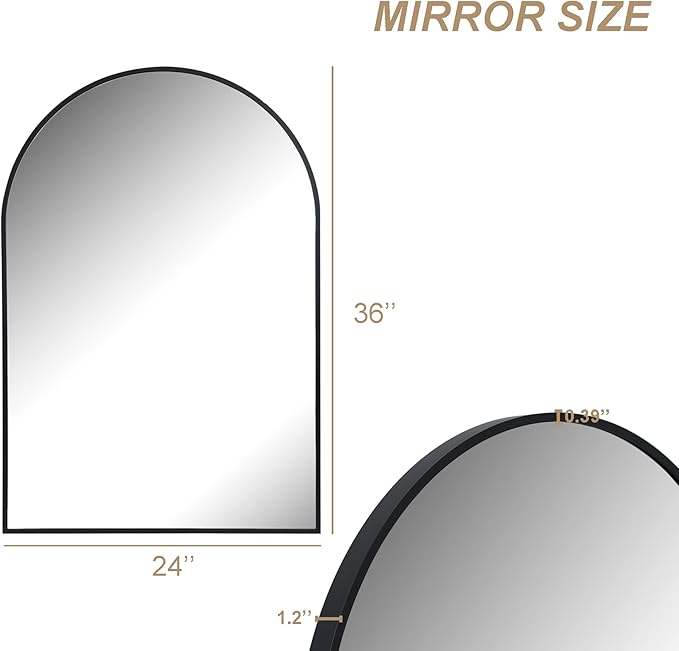 Arched Bathroom Mirror for Wall, 36" x 24" Black Metal Frame Vanity Mirror, HD Glass Over Sink for Bathroom, Entryway, Bedroom