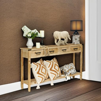 RUSTOWN Farmhouse Console Table with 4 Drawer, 60" Long Rustic Entryway Table with Open Storage Shelves and Handmade Metal Handle, Narrow Foyer Sofa Table for Living Room, Entryway, Hallway(Natural)