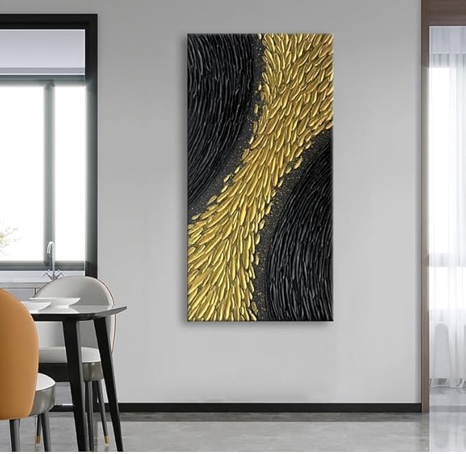 Slyart Black and Gold Wall Art, Large Gold Texture Abstract Art, Contemporary Art Oil Painting, 24"x48" Modern Home Decor for Living Room Bedroom
