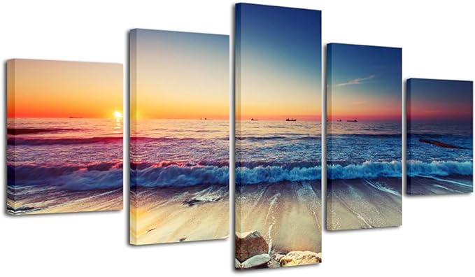 Pyradecor 5 Piece Large Modern Seascape Artwork Gallery Wrapped Ocean Sea Beach Pictures Canvas Prints Waves Paintings on Canvas Wall Art for Living Room Bedroom Home Decorations L