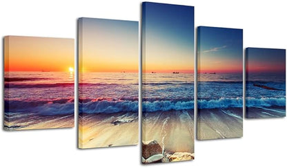 Pyradecor 5 Piece Large Modern Seascape Artwork Gallery Wrapped Ocean Sea Beach Pictures Canvas Prints Waves Paintings on Canvas Wall Art for Living Room Bedroom Home Decorations L
