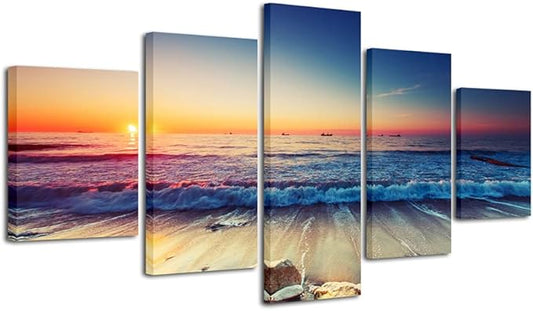 Pyradecor 5 Piece Large Modern Seascape Artwork Gallery Wrapped Ocean Sea Beach Pictures Canvas Prints Waves Paintings on Canvas Wall Art for Living Room Bedroom Home Decorations L