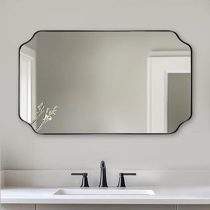 ANDY STAR 30x48 Inch Large Mirror, Matte Black Rectangle Mirror for Wall, Bathroom Mirror in Premium Stainless Steel Metal Thin Frame Deep 1’’, Unique Scalloped Edge, Hangs Vertically/Horizontally