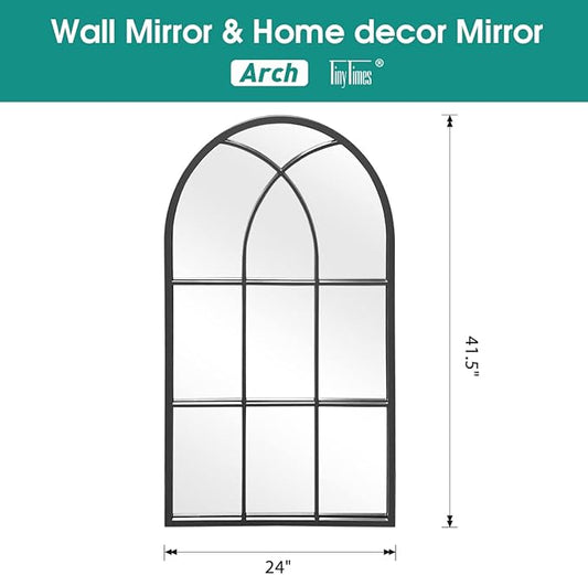 42"x 24" Arched Mirror, Window Wall Mirror, Windowpane Vanity Mirror, Metal Framed, Arched-Top Farmhouse Mirror, Rustic Decorative Mirrors - Black