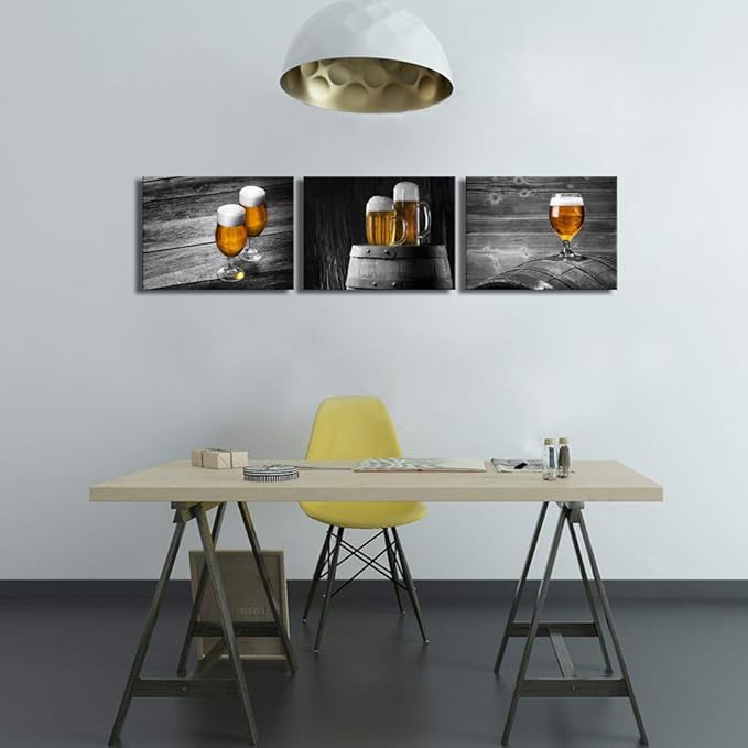 Derkymo Black and White Wall Art 12"x16"x3pcs Beer Pictures Print on Canvas Kitchen Wall Painting Contemporary Home Decor Artwork Gallery Wrapped Framed Ready to Hang
