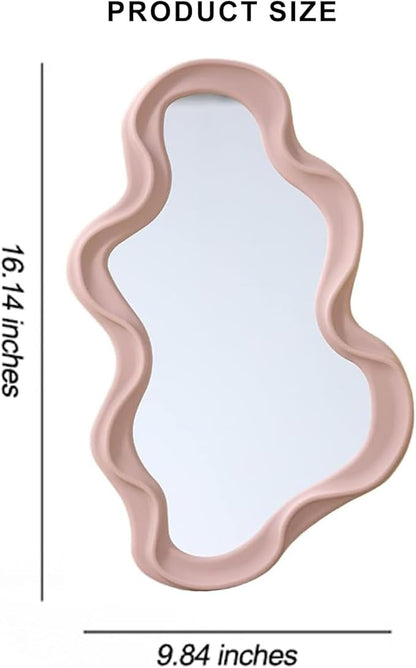 Mokoze Asymmetrical Wall Mirror, Irregular Decorative Accent for Bedroom Entryway Living Room, Pink Aesthetic Vanity Decor for Wall Mounted or Tabletop Display, 16.14" x 9.84"