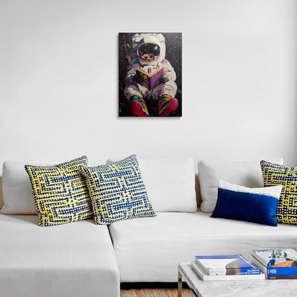 Colorful Pop Astronaut Outer Space Theme Classroom Decor Framed Graffiti Spaceman Contemporary Wall Art Canvas Cool Kids' Gifts Galaxy Prints Banksy Poster Universe Trippy Painting (12"x16")