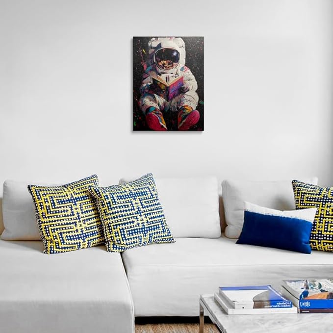 Colorful Pop Astronaut Outer Space Theme Classroom Decor Framed Graffiti Spaceman Contemporary Wall Art Canvas Cool Kids' Gifts Galaxy Prints Banksy Poster Universe Trippy Painting (16"x24")