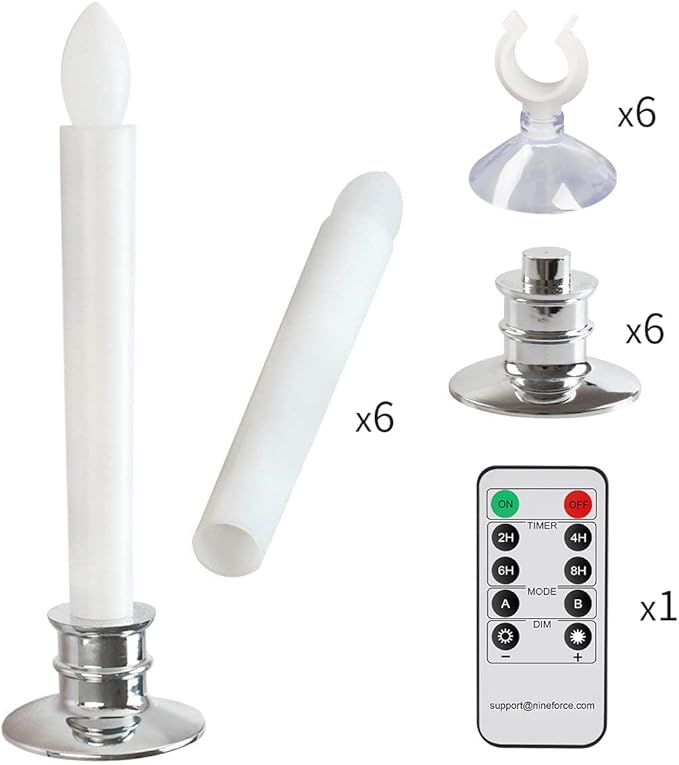 6 Pack Flameless Taper Candles with Remote/Timer & Suction Cup, Battery Operated Flickering LED Window Candles, Vintage Christmas Electric Fake Candlesticks, Silver Holder