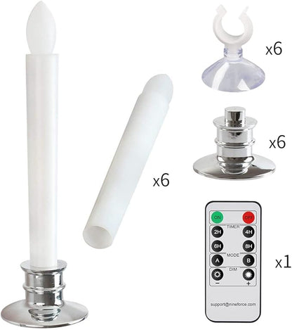 6 Pack Flameless Taper Candles with Remote/Timer & Suction Cup, Battery Operated Flickering LED Window Candles, Vintage Christmas Electric Fake Candlesticks, Silver Holder