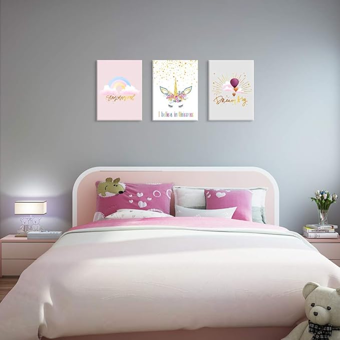 3 Pieces Unicorn Decor for Girls Room Princess Room Decor Rainbow Pink Toddler Girl Room Decor Canvas Prints Motivational Colorful Hot Air Balloon Cartoon Unicorns Framed Pictures for Teen Girl Women Nursery Bathroom Decor 12"x16"(30x40cm)