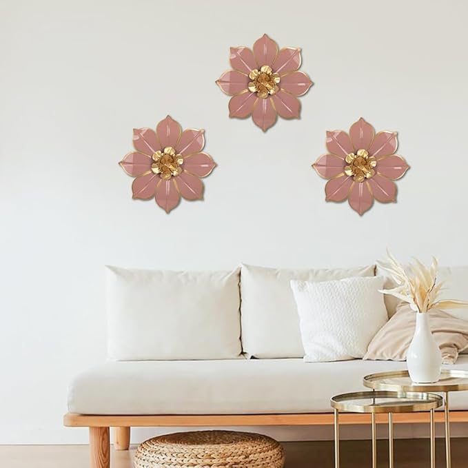 Metal Flowers Wall Decor Set of 3, Pink Metal Flower Wall Art Decor for Inoor & Outdoor Use, 3D Vintage & Modern Pink Walls Arts for Bathroom, Living Room, Bedroom, Garden, Patio, Porch, Office, 10"