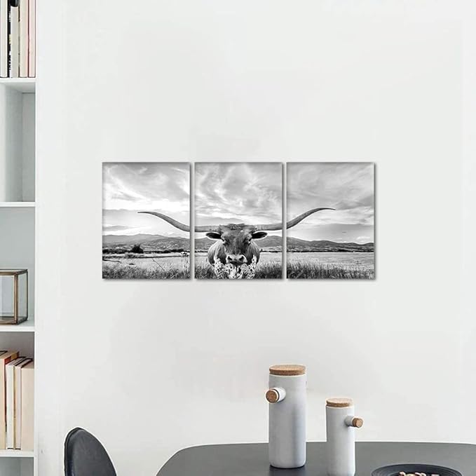 3 Panels Highland Cow Wall Art Modern Black and White Pictures Longhorn Wall Decor Artwork Animal Cow Posters Canvas Prints Painting Living Room Bedroom Home Office Decoration, Framed 12" Wx16 Hx3pcs