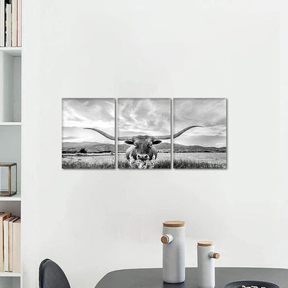 3 Panels Highland Cow Wall Art Modern Black and White Pictures Longhorn Wall Decor Artwork Animal Cow Posters Canvas Prints Painting Living Room Bedroom Home Office Decoration, Framed 12" Wx16 Hx3pcs